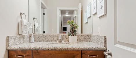 A bathroom with a granite countertop, wooden cabinets, a large mirror, and a potted plant.