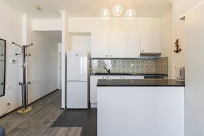 Kühlschrank, Ofen, Herdplatte, Wasserkocher mit Kaffee-/Teezubehör