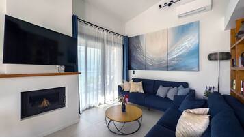 TV connectée, cheminée, livres, médiathÚque