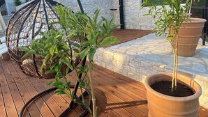 Une terrasse en bois agrémentée de plantes en pot, d’une chaise suspendue et d’un mur de pierres en arrière-plan.