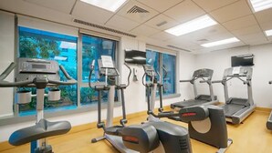 Une salle de sport équipée de divers appareils d’exercice, de grandes fenêtres offrant une vue sur la verdure, et un intérieur propre et moderne.