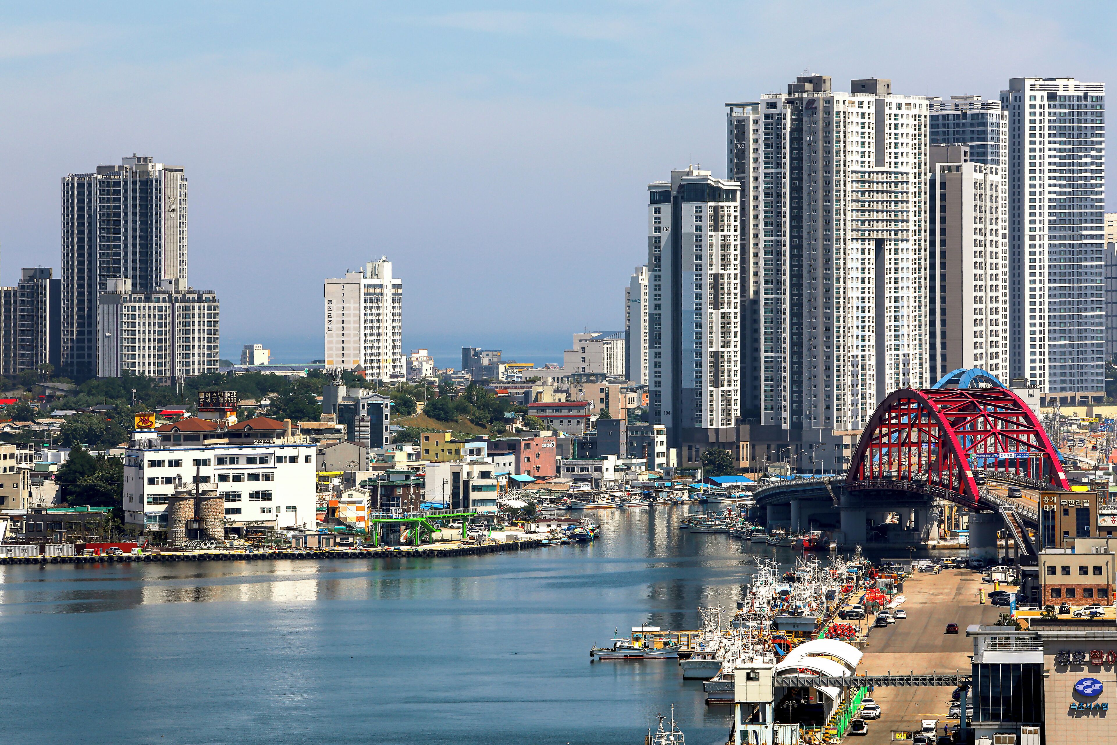 Un paysage urbain côtier avec de hauts immeubles, un pont et une marina remplie de bateaux.