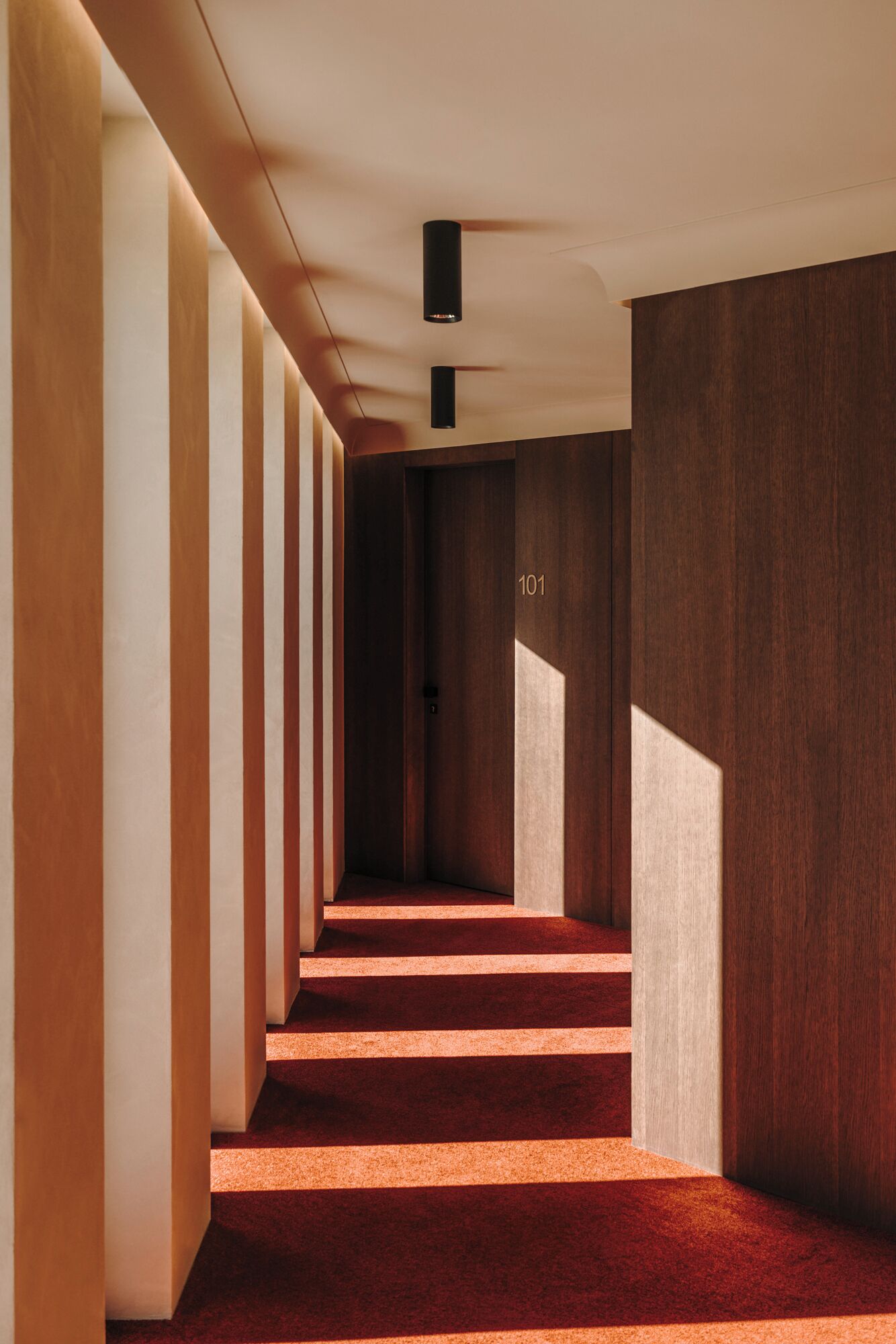 A hallway with a red carpet, wooden walls, and a door marked with the number 101.