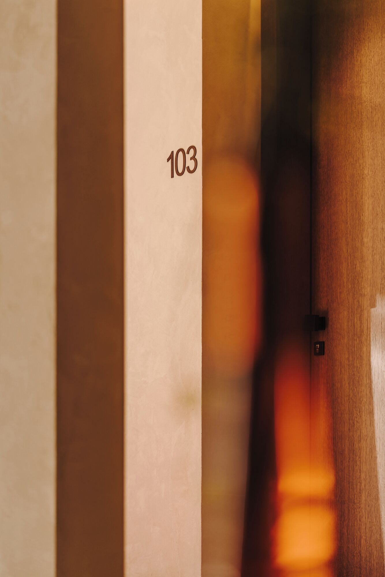 Primer plano de una puerta con el número 103 visible en una pared color beige.