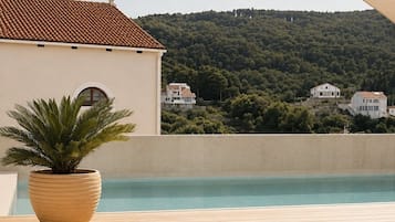 Seasonal outdoor pool, pool umbrellas, sun loungers