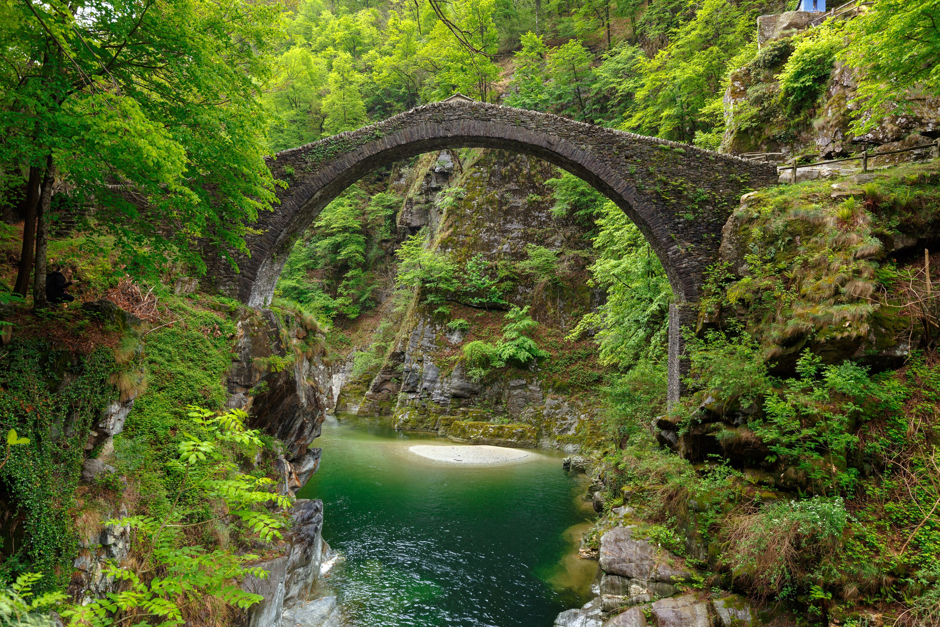 A stone bridge arching over a river surrounded by lush greenery.