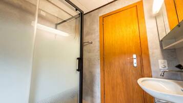 A bathroom with a glass shower enclosure, a wooden door, and a white sink.