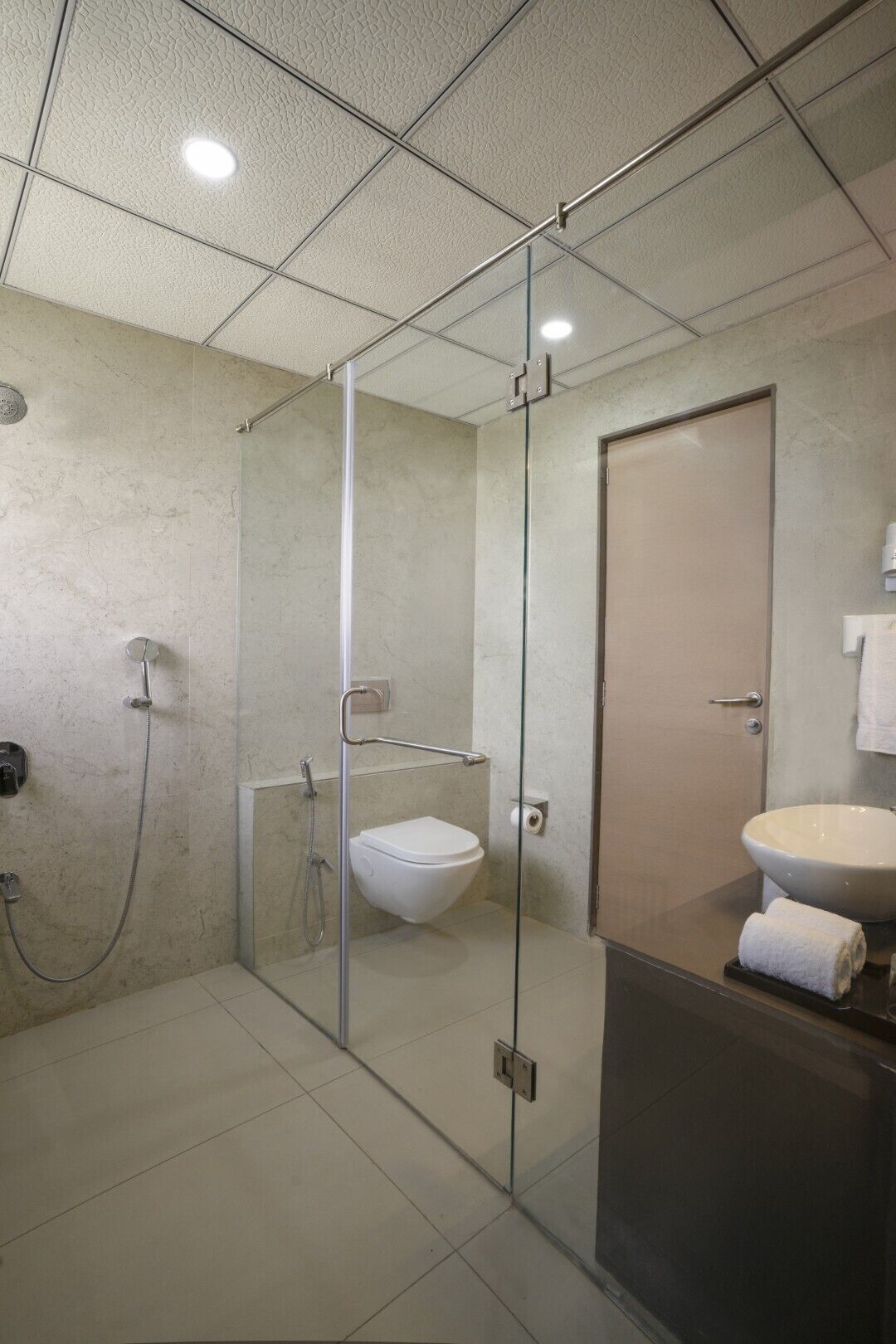 A modern bathroom with a glass shower enclosure, a toilet, and a sink.