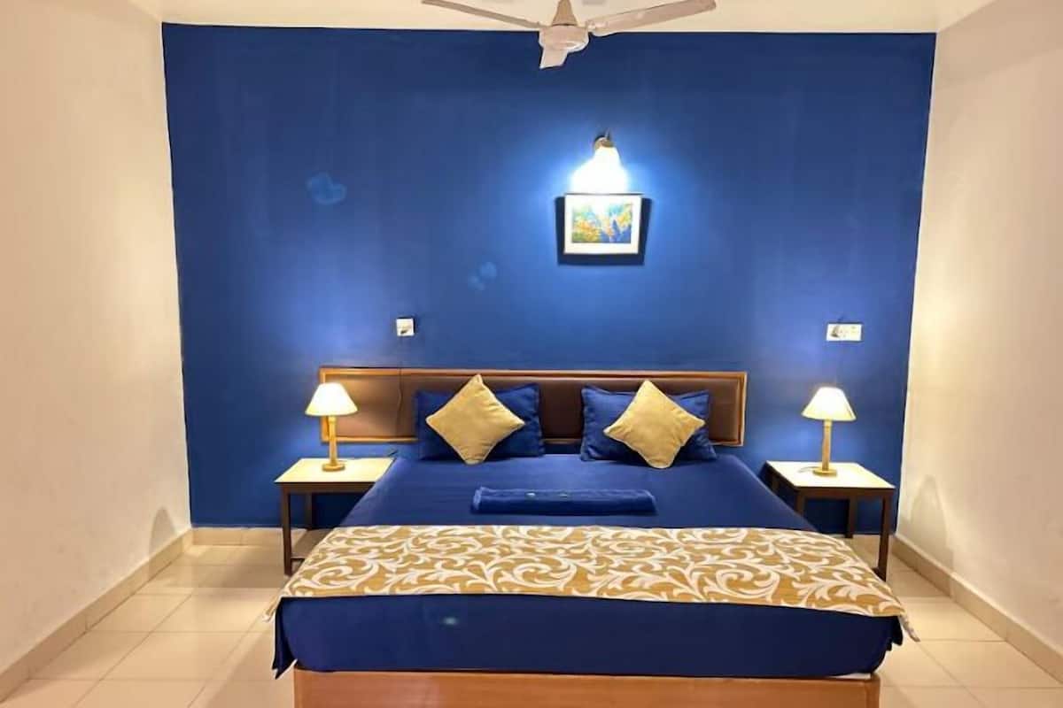 A bedroom with a blue wall, a wooden bed frame, two bedside tables with lamps, and a ceiling fan.