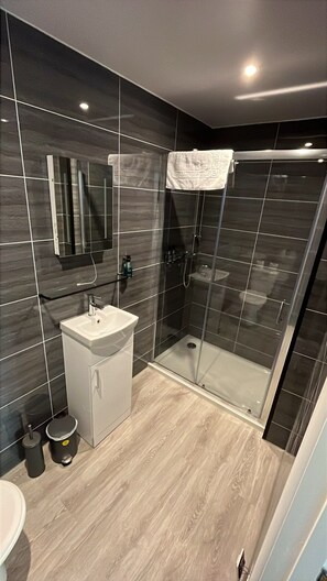 A modern bathroom with a glass-enclosed shower, a sink, and a toilet.