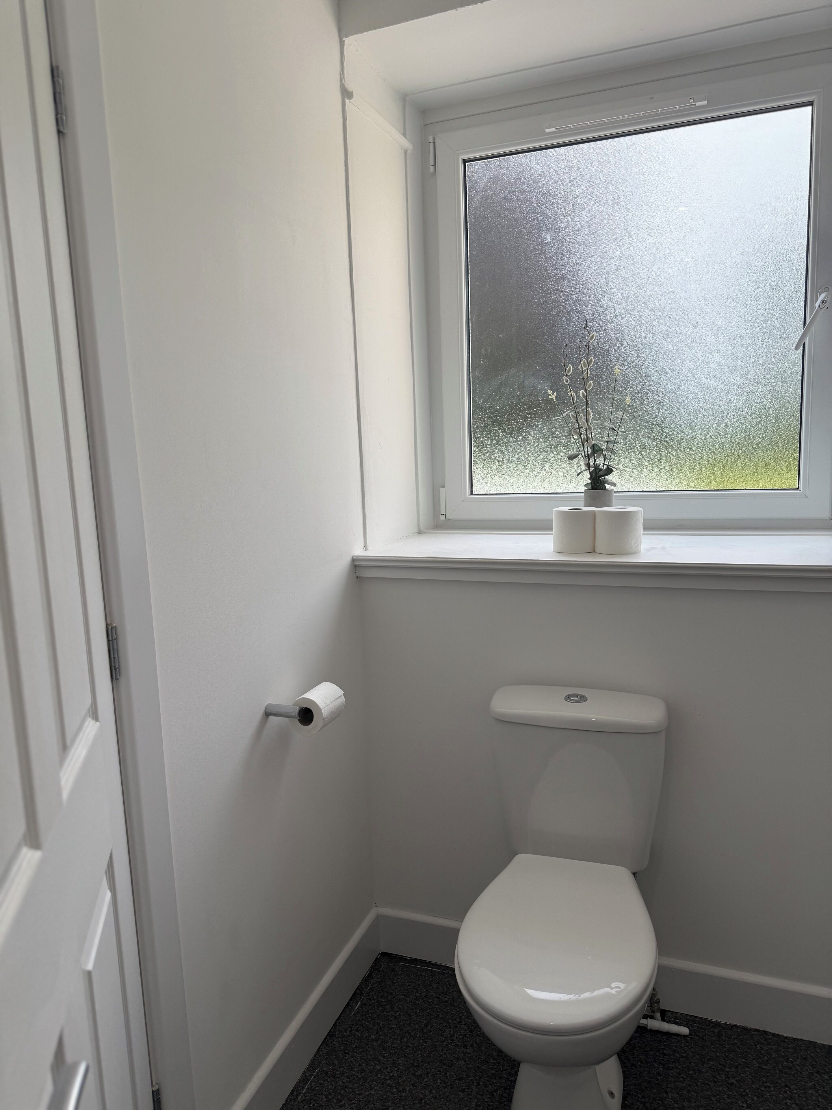 A small, white bathroom with a toilet, a window with frosted glass, and a toilet paper holder.