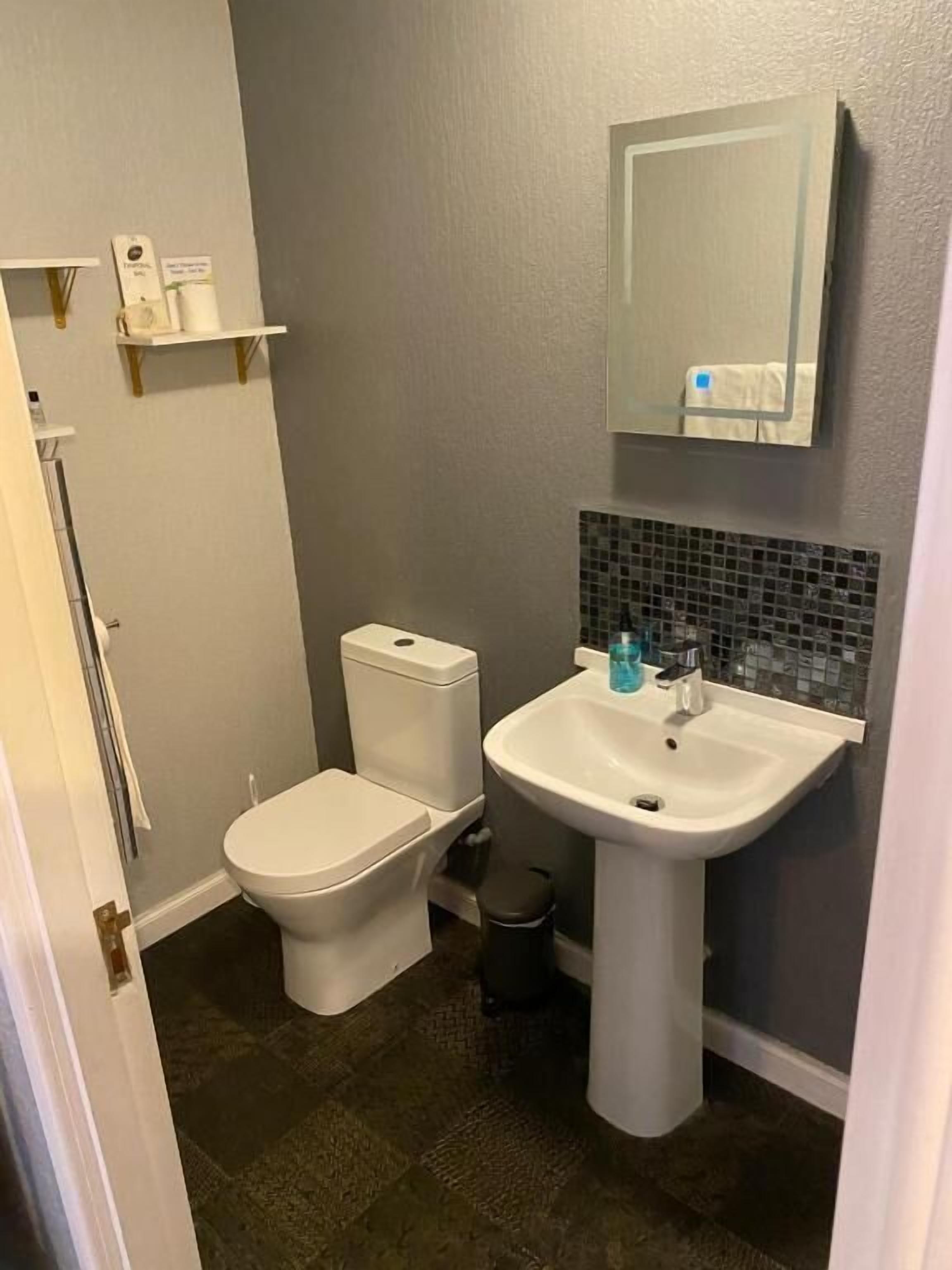 A bathroom with a toilet, sink, and mirror.