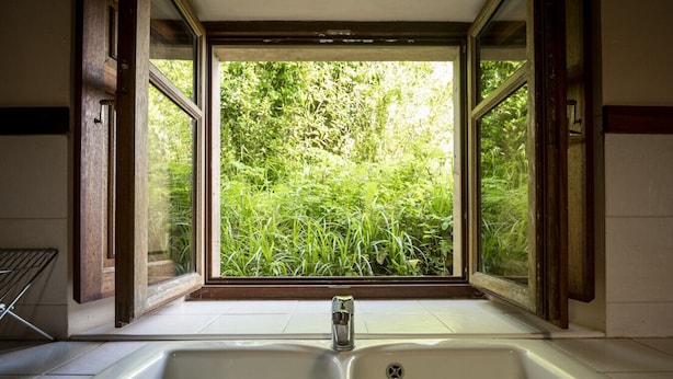 A bathroom with a large window, a bathtub, and a shower.