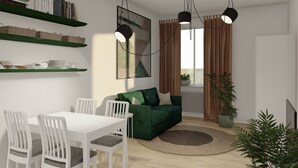 A modern living room with a green sofa, white dining table, and chairs, a bookshelf, and a large abstract painting. - Studio for 3 guests in Turin (Torino)