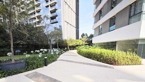 A modern urban pathway with a paved walkway, bordered by neatly trimmed hedges and small trees.