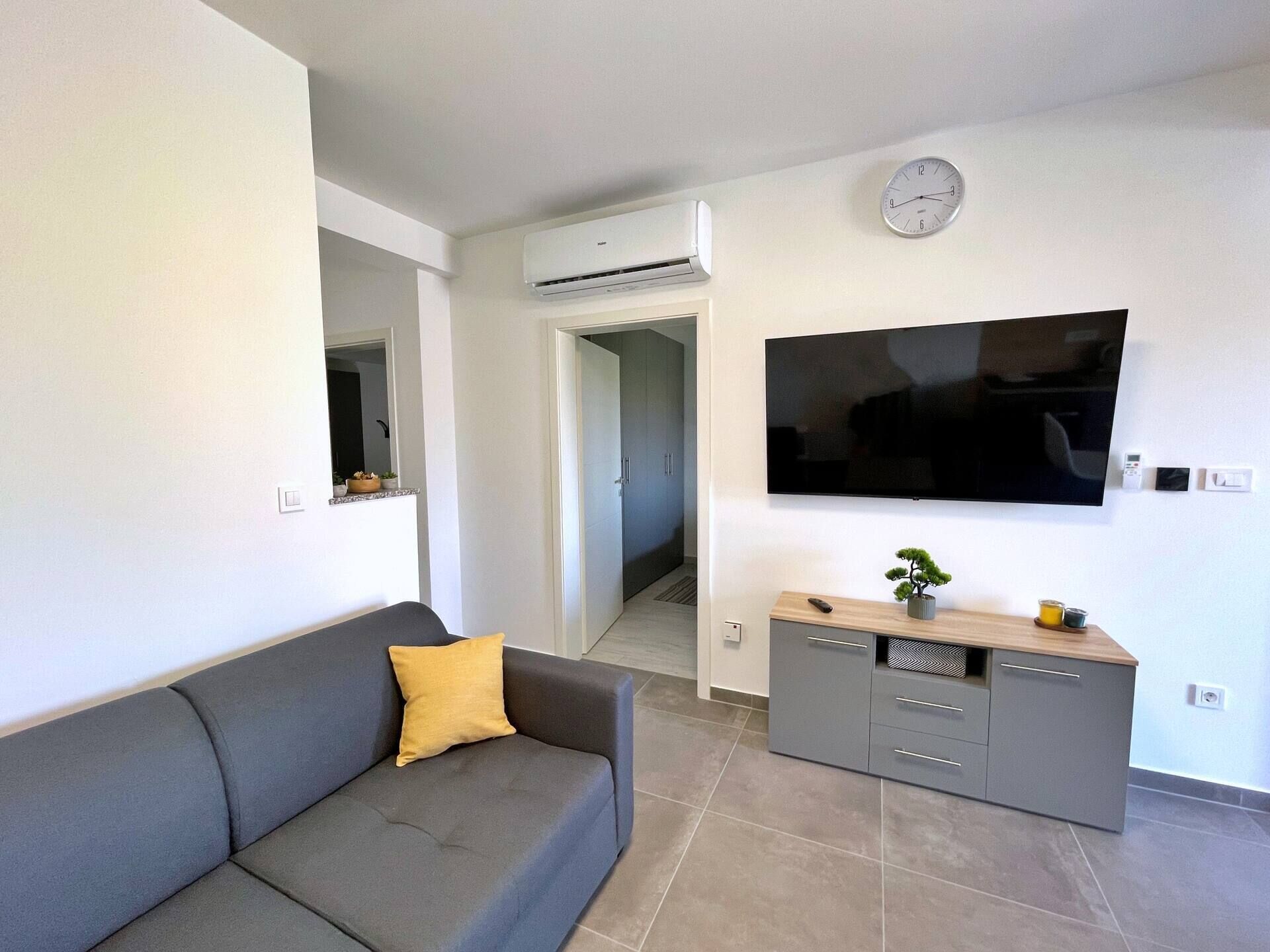 Een moderne woonkamer met een grijze bank, een flatscreen televisie aan de wand, een kleine potplant en een grijs kastje.