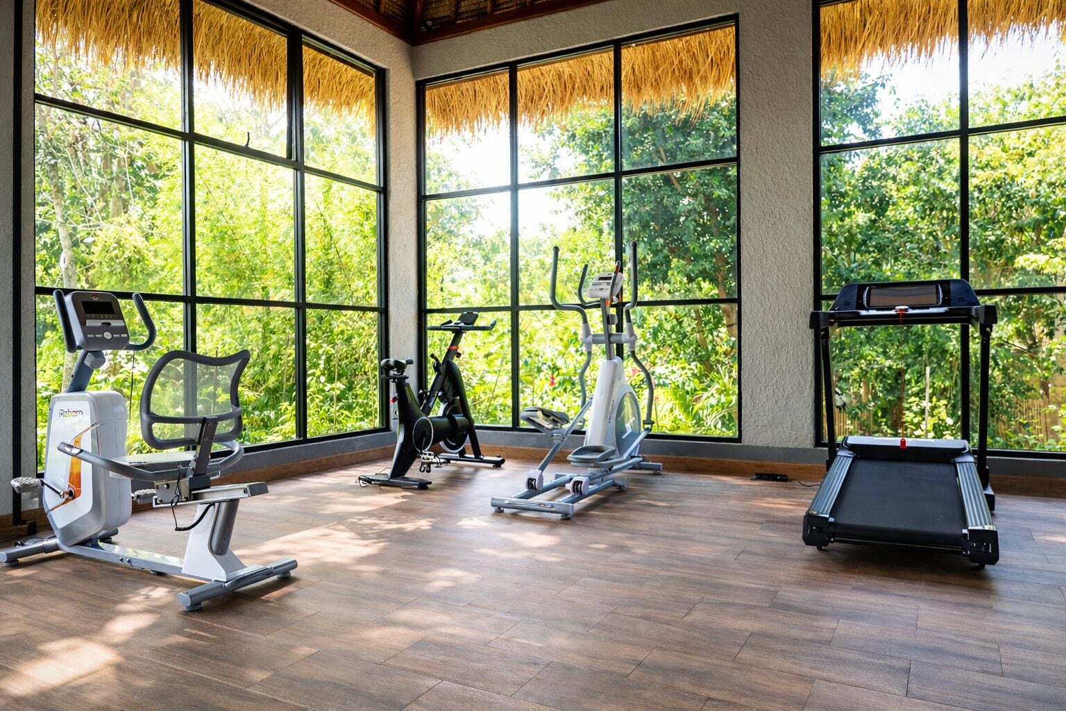 Un gimnasio con diversos equipos de ejercicio, amplias ventanas y suelo de madera.