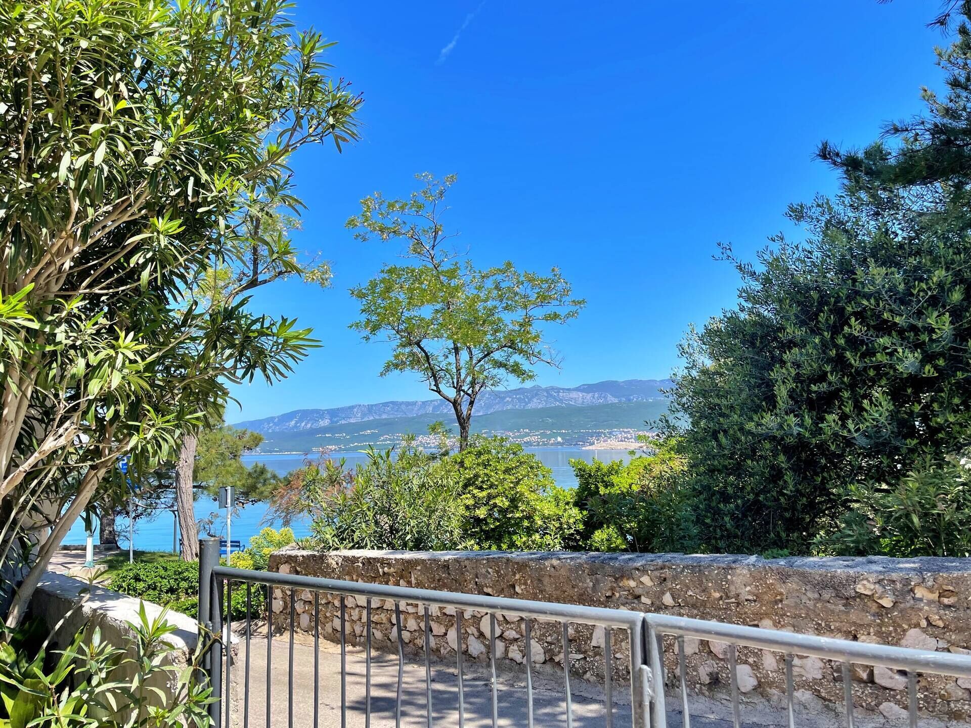 A stone wall with a metal railing, overlooking a coastal town and a body of water.