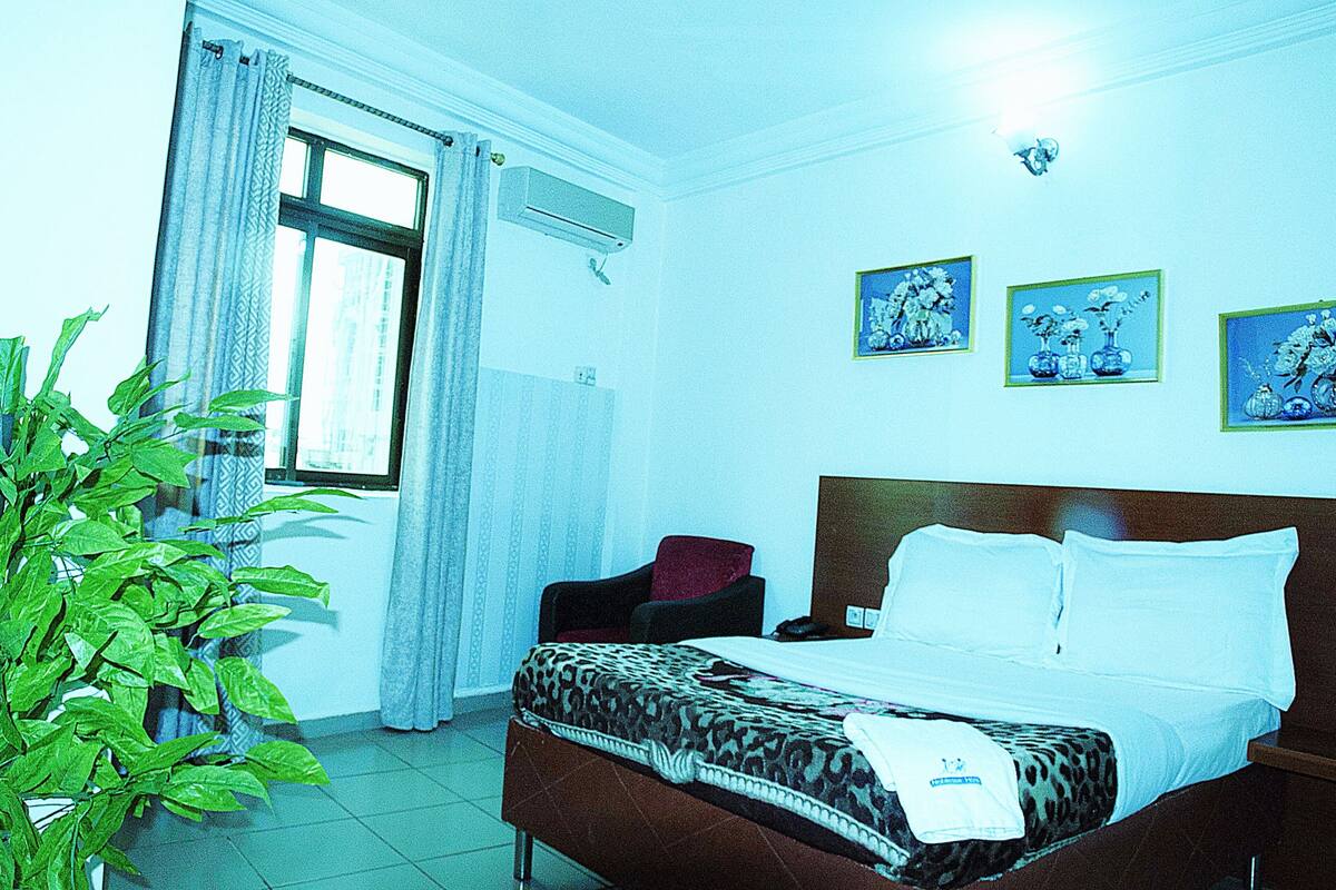 A hotel room with a bed, a chair, a potted plant, and three framed pictures on the wall.