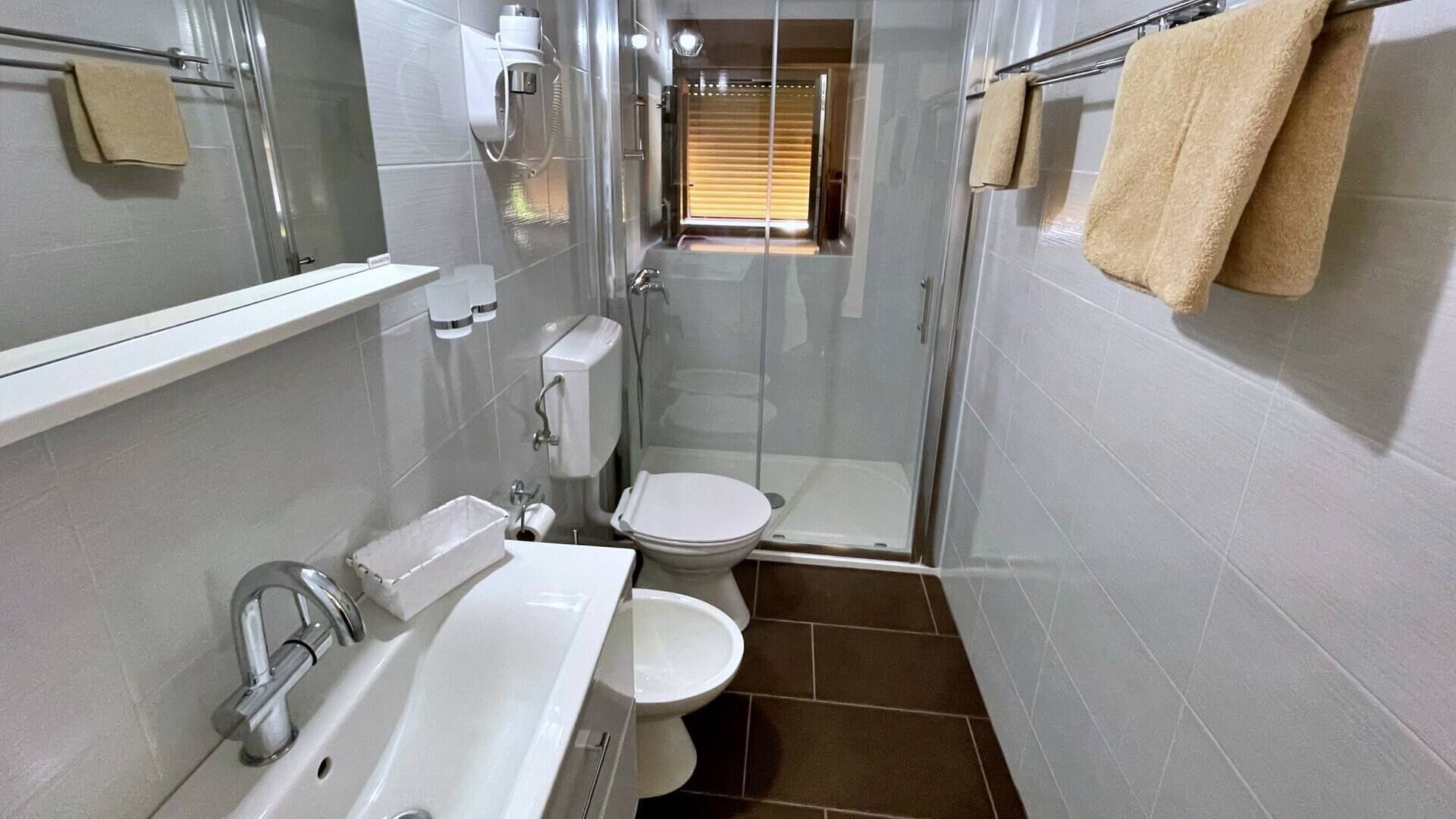 Une salle de bain moderne avec une douche à parois de verre, des toilettes et un lavabo.