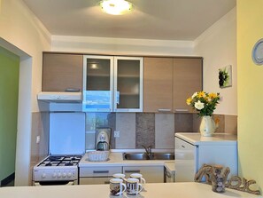 Een koelkast, een oven, een kookplaat, een koffiezetapparaat/waterkoker