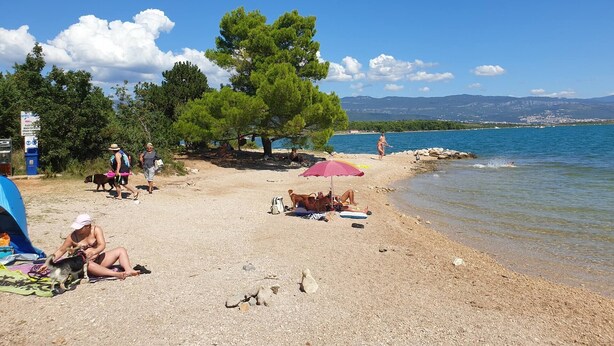 A beach with people, tents, and a clear view of the sea and mountains.