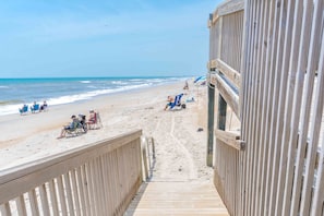 A wooden boardwalk leading to a beach with people sitting and standing, overlooking the ocean.