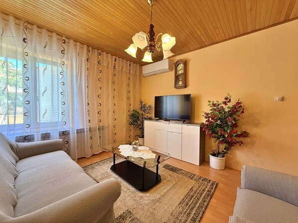 A living room with a sofa, a coffee table, a TV on a cabinet, a potted plant, and a ceiling fan.
