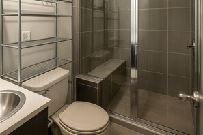 Combined shower/tub, hair dryer, towels, soap