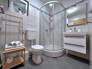 Shower, hair dryer, towels