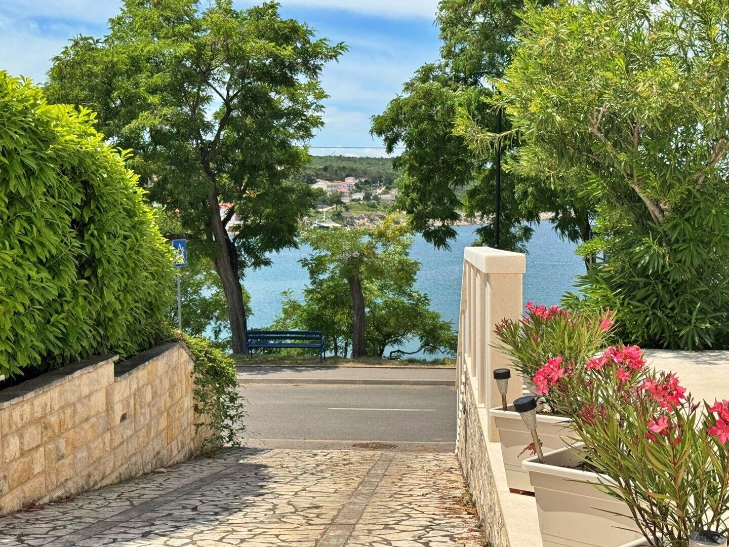 A paved pathway leading to a scenic overlook with a view of a body of water and distant buildings.