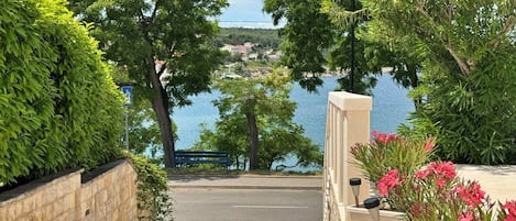 A paved pathway leading to a scenic overlook with a view of a body of water and distant buildings.