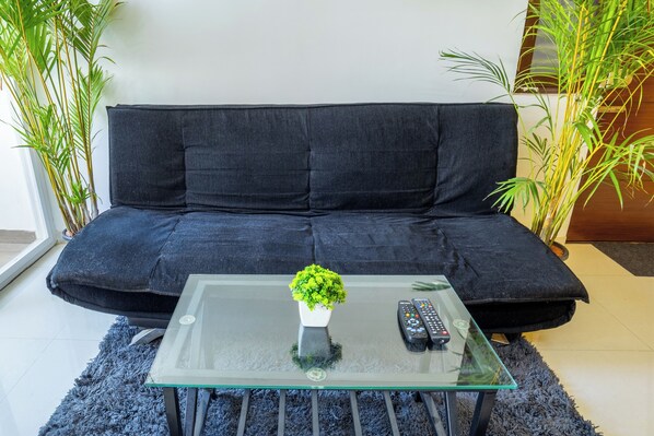 A modern living room with a dark sofa, a glass coffee table with a small plant, and a remote control.