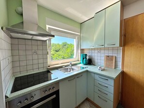 Fridge, oven, stovetop, coffee/tea maker