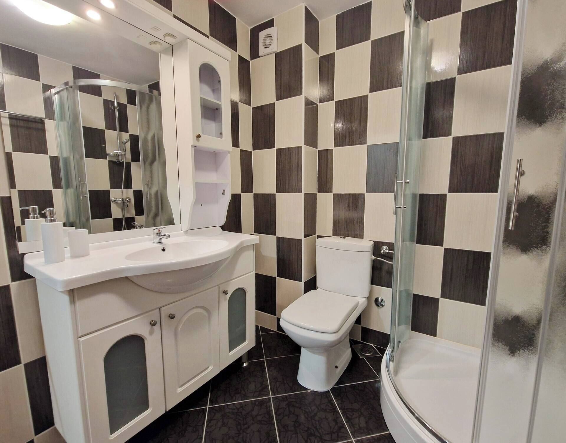 A bathroom with a white sink, a toilet, and a glass-enclosed shower.