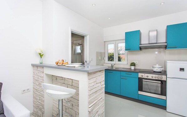 Fridge, oven, stovetop, coffee/tea maker