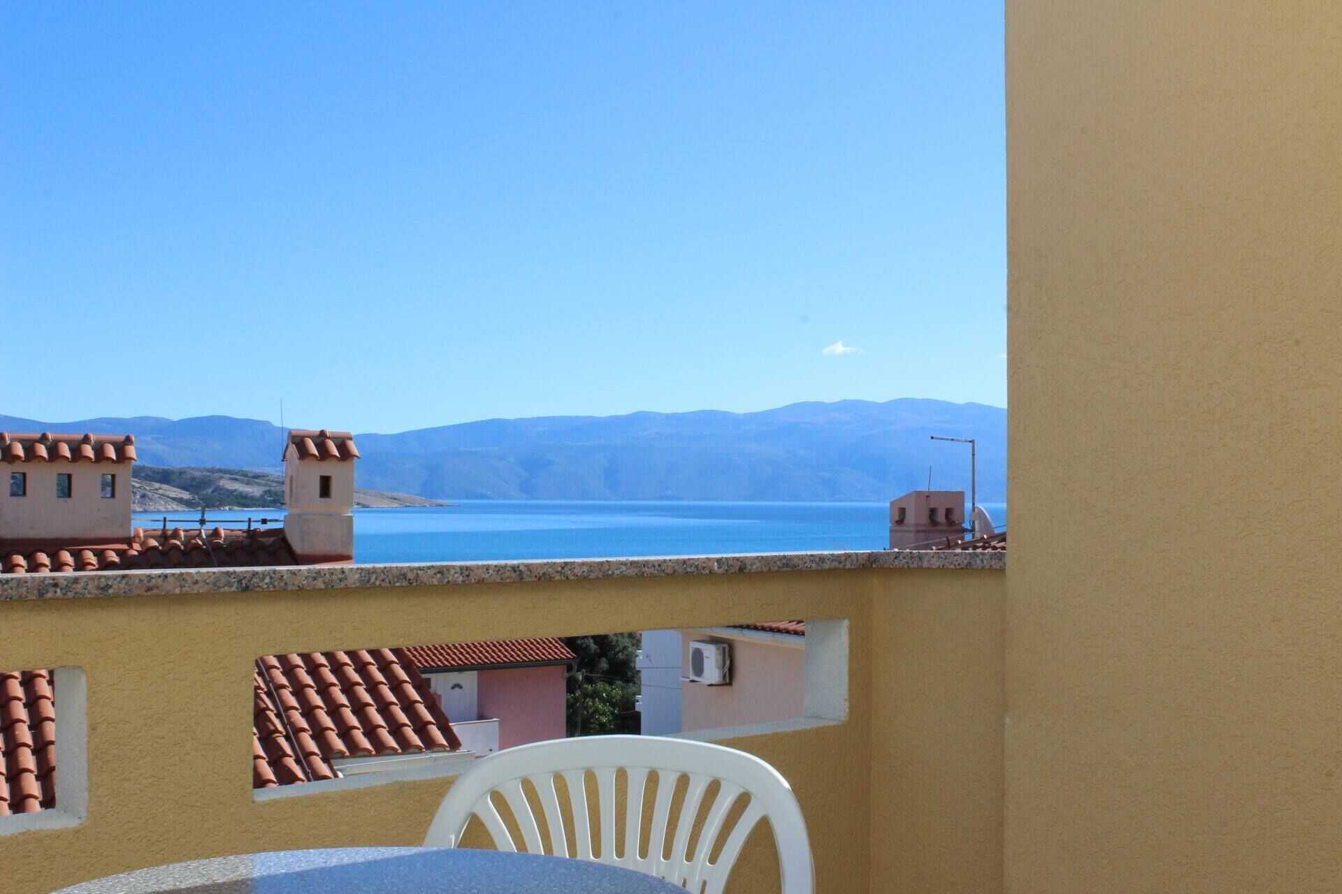 A balcony with a view of a calm sea and distant mountains.