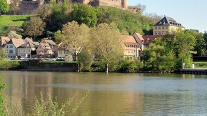 A castle on a hill overlooking a town with houses along a river. - CORONA and flooding - SAFE due to location and separate entrance (Marktheidenfeld)