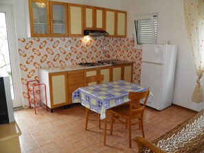 Fridge, stovetop, coffee/tea maker, cookware/dishes/utensils