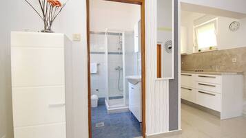 Shower, hair dryer, towels