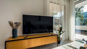 Un salon moderne avec un téléviseur à écran plat posé sur une console en bois, un vase contenant des fleurs séchées et une plante en pot.