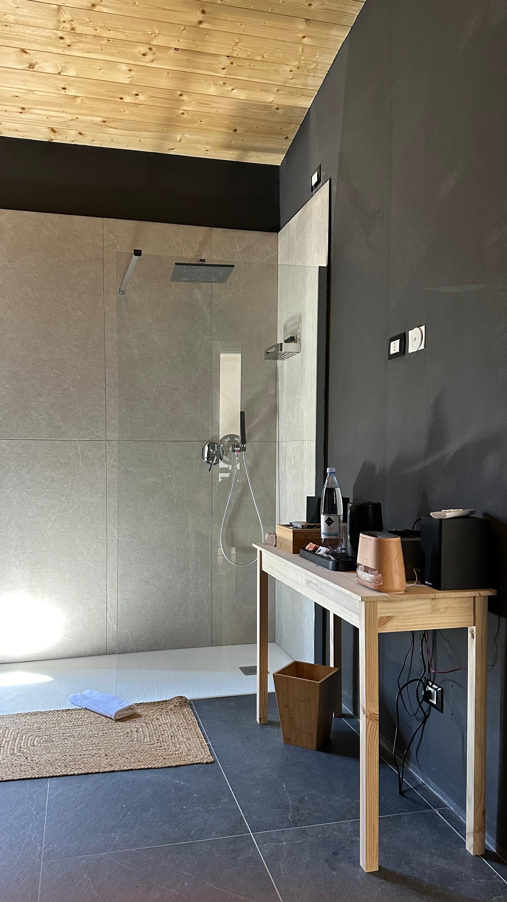 A modern bathroom with a shower, a wooden vanity, and a large mirror.