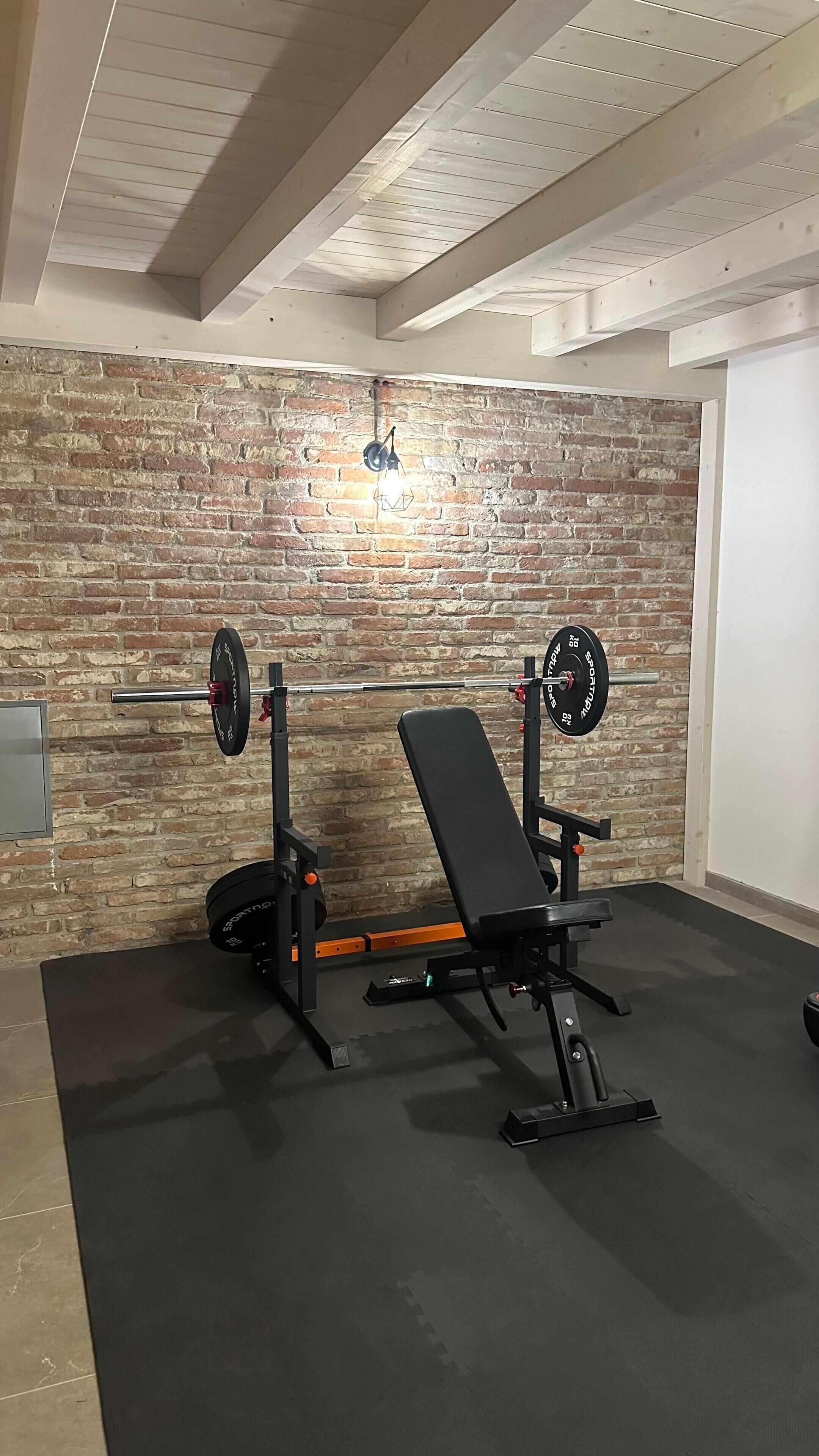A gym with a brick wall, a bench press, and a squat rack.