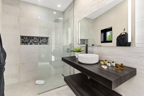 Shower, hair dryer, towels