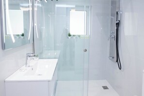 Shower, hair dryer, towels, shampoo
