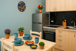 Fridge, oven, stovetop, cookware/dishes/utensils