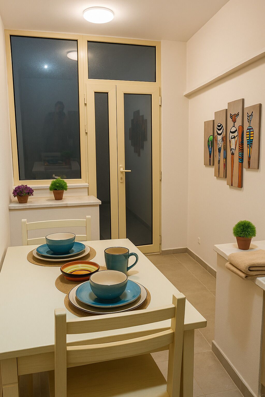 Un coin repas avec une table blanche, des assiettes bleues et oranges, et une fenêtre dotée de portes en verre dépoli.