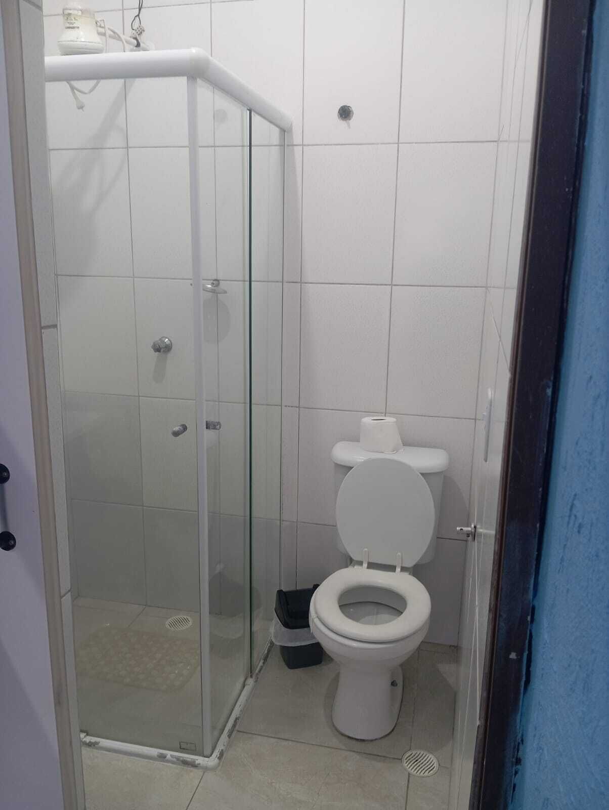 A bathroom with a glass-enclosed shower, a toilet, and a trash bin.