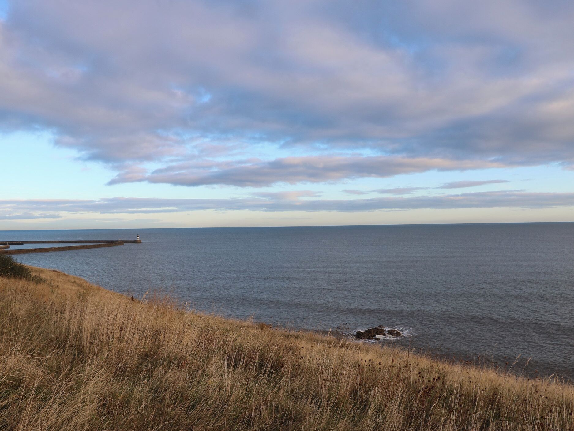 A coastal landscape with a lighthouse, grassy terrain, and a calm sea under a partly cloudy sky.