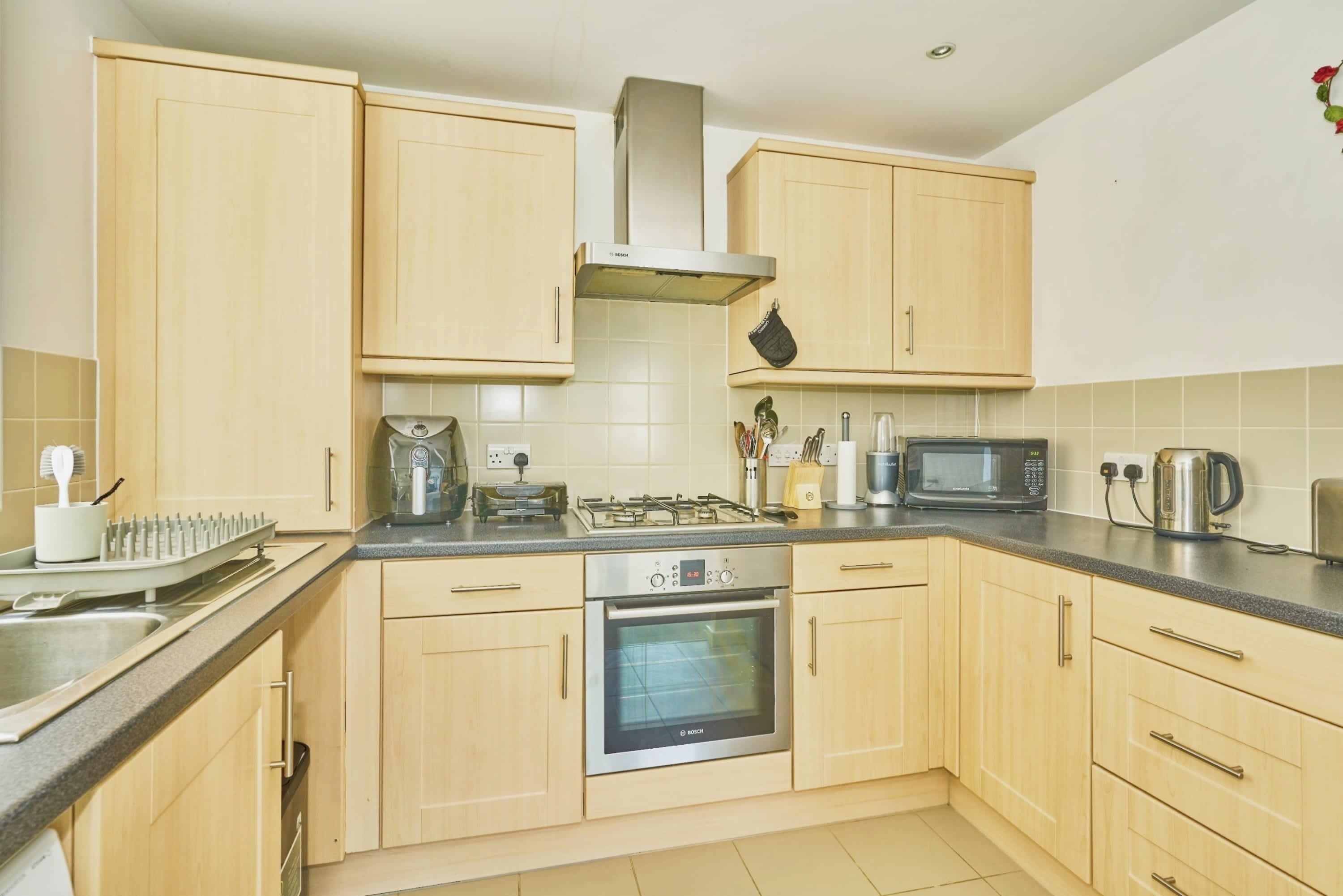 Fridge, microwave, oven, electric kettle